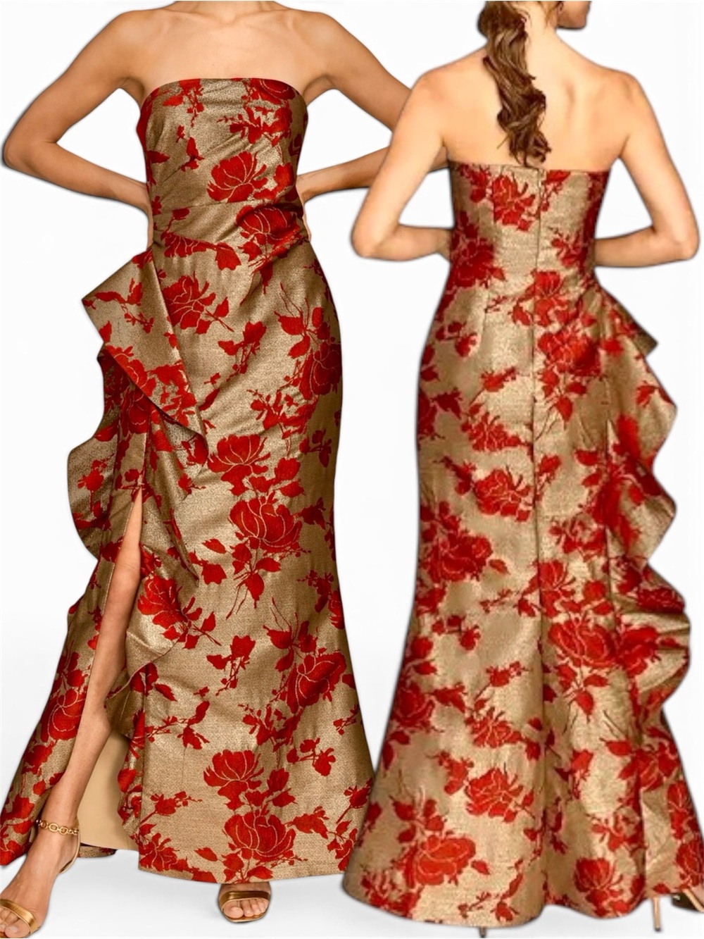 Donna Karen Floral Jacquard Ruffle Strapless Evening Formal Prom Maxi Long Dress
